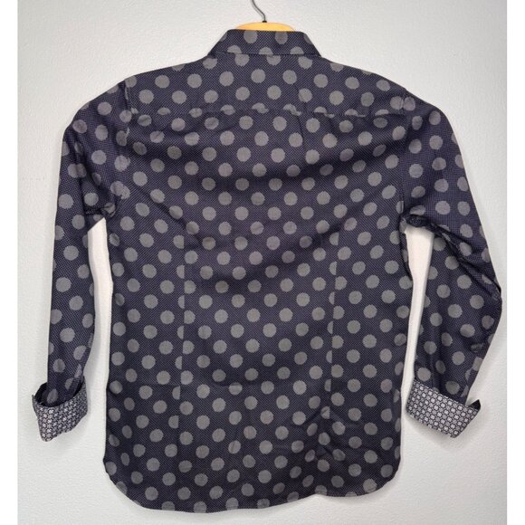 Ted Baker London Navy Large Spot Print Shirt SZ 4/L Long Sleeve Button-Up Flip C - Picture 2 of 10